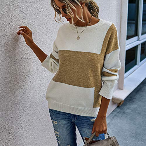 ReooLy Mujeres Empalme Moda de Manga Larga a Rayas Cuello Redondo otoño Invierno suéter Superior(Amarillo,L)
