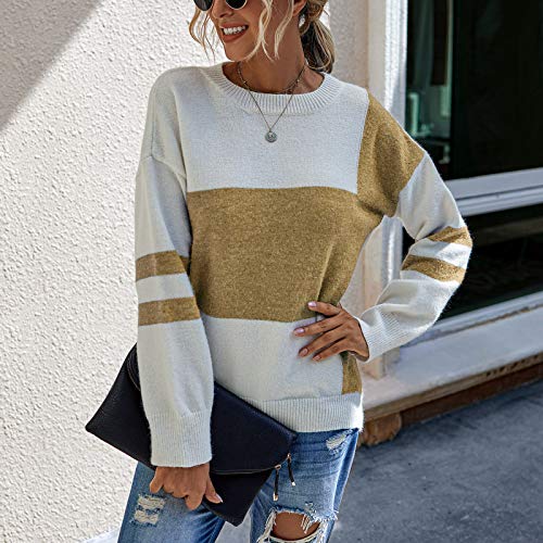 ReooLy Mujeres Empalme Moda de Manga Larga a Rayas Cuello Redondo otoño Invierno suéter Superior(Amarillo,L)