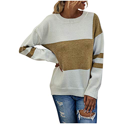 ReooLy Mujeres Empalme Moda de Manga Larga a Rayas Cuello Redondo otoño Invierno suéter Superior(Amarillo,L)