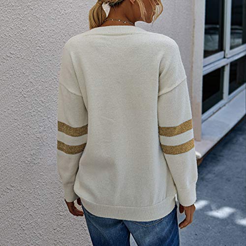 ReooLy Mujeres Empalme Moda de Manga Larga a Rayas Cuello Redondo otoño Invierno suéter Superior(Amarillo,L)