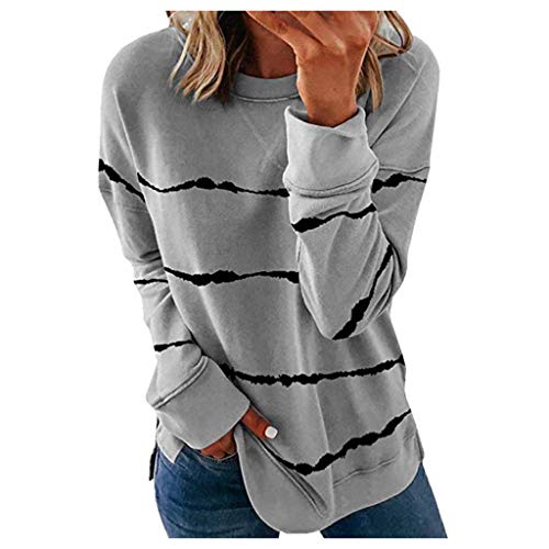 ReooLy Sudadera a Rayas para Mujer, de Manga Larga, cálida, Informal, con Cuello Redondo, Camiseta Holgada y cómoda(Gris，M)