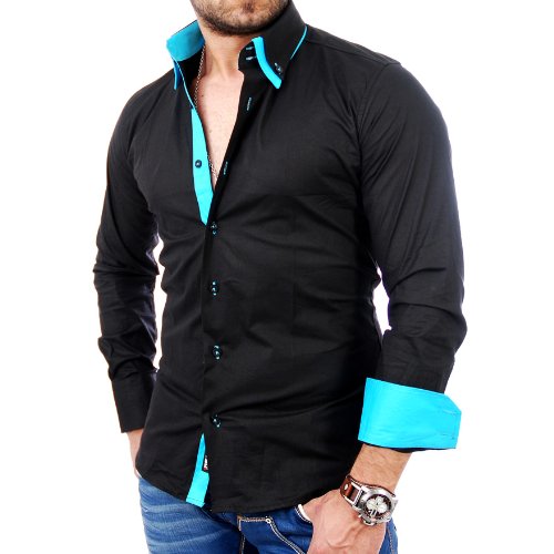 Reslad Camisa de hombre ajustada contraste de manga larga camisa Alabama RS-7050 negro y turquesa XL