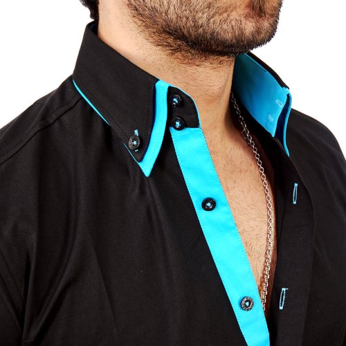 Reslad Camisa de hombre ajustada contraste de manga larga camisa Alabama RS-7050 negro y turquesa XL