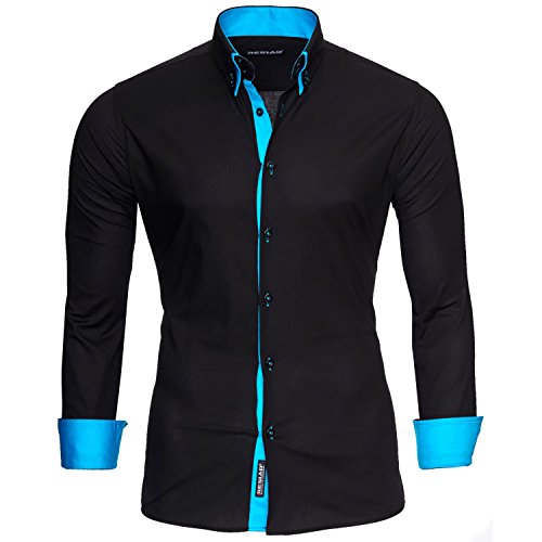 Reslad Camisa de hombre ajustada contraste de manga larga camisa Alabama RS-7050 negro y turquesa XL