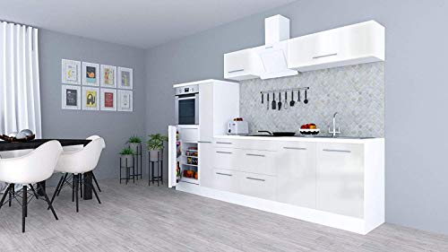 respekta Cocina Pequeña Cocina Bloque de Cocina Cocina Amueblada y Equipada Alto Brillo 300cm Blanco - Blanco, 270 cm