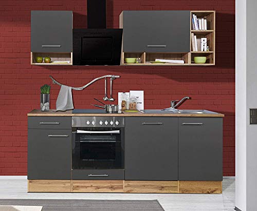 Respekta Cocina Pequeña Cocina Bloque de Cocina Cocina Amueblada y Equipada Cocina Totalmente Equipada 220 cm Roble Silvestre Gris Incl. Dispositivos