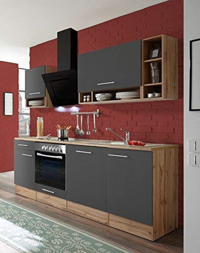 Respekta Cocina Pequeña Cocina Bloque de Cocina Cocina Amueblada y Equipada Cocina Totalmente Equipada 220 cm Roble Silvestre Gris Incl. Dispositivos