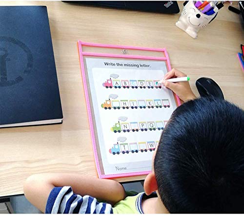 Resuable Dry Erase Pockets Papelería Suministros,10 Piezas Reutilizable Escribir y Limpiar Bolsillos para la Organización en el Aula y Colegio y Trabajo,35.5×25.5 cm