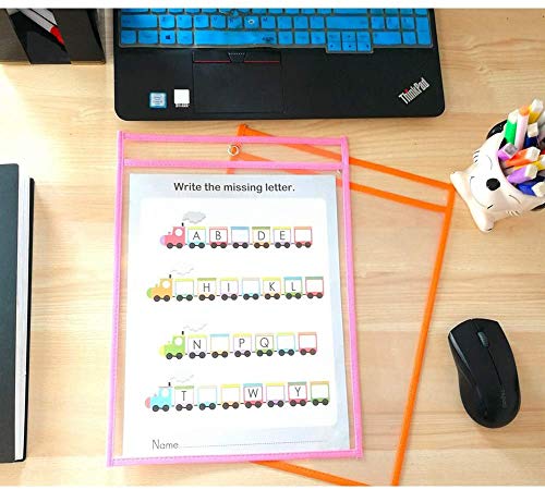 Resuable Dry Erase Pockets Papelería Suministros,10 Piezas Reutilizable Escribir y Limpiar Bolsillos para la Organización en el Aula y Colegio y Trabajo,35.5×25.5 cm