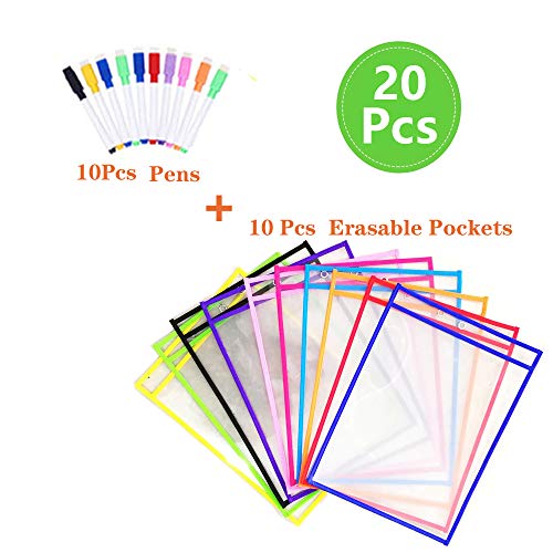 Resuable Dry Erase Pockets Papelería Suministros,10 Piezas Reutilizable Escribir y Limpiar Bolsillos para la Organización en el Aula y Colegio y Trabajo,35.5×25.5 cm