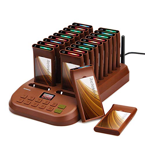 Retekess T116 Sistema de Llamadas Inalámbricas 45H Buscapersonas Restaurante Pager System Luz de 3 Colores 4 Modos de Llamada 998 Canales Bar Hospital Snack Comida Rapida Marrón