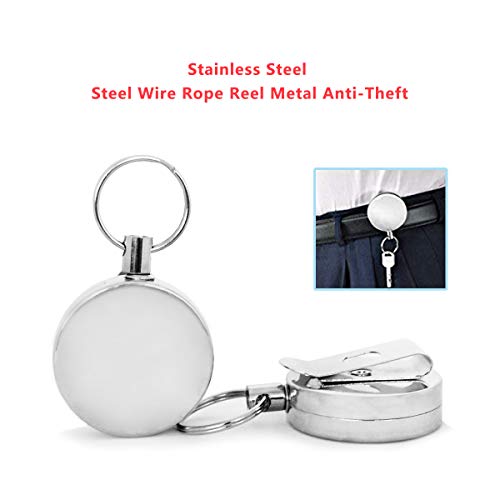 Retráctil Llavero Reel Metal antirrobo Llavero Rejilla de alambre de acero Reel Alta elasticidad Retráctil Acero inoxidable Llavero titular con Cinturón Clip (2 piezas)