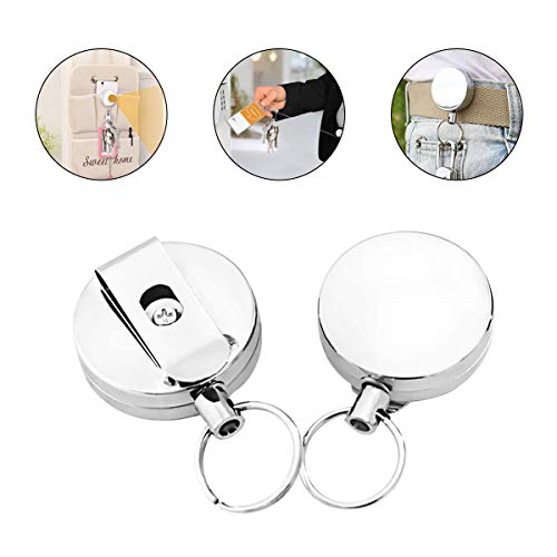 Retráctil Llavero Reel Metal antirrobo Llavero Rejilla de alambre de acero Reel Alta elasticidad Retráctil Acero inoxidable Llavero titular con Cinturón Clip (2 piezas)