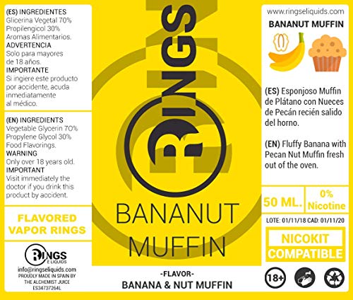 Rings E-Liquid Bananut Muffin 50ml 70VG/30PG Liquido Vaper sin nicotina sabor a Muffin de Banana y Nuez | Liquido para Vapear tipo postre | Muffin | Platano | Nuez