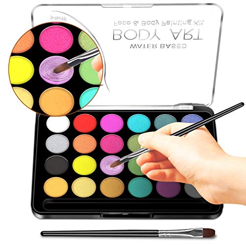 RIOGOO Kit de Pintura Facial para niños, 32 Plantillas, 24 Pinturas Grandes a Base de Agua, 2 Pinceles, Pintura Facial y Corporal, Seguro y no tóxico, para Pintar la Cara de la Fiesta de Halloween