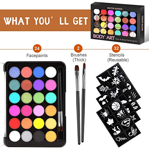 RIOGOO Kit de Pintura Facial para niños, 32 Plantillas, 24 Pinturas Grandes a Base de Agua, 2 Pinceles, Pintura Facial y Corporal, Seguro y no tóxico, para Pintar la Cara de la Fiesta de Halloween