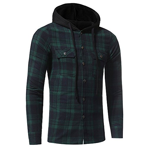 riou Botón Camisa de Manga Larga con Capucha y Cuadros de Otoño Invierno Casual Chaqueta Ropa Tops