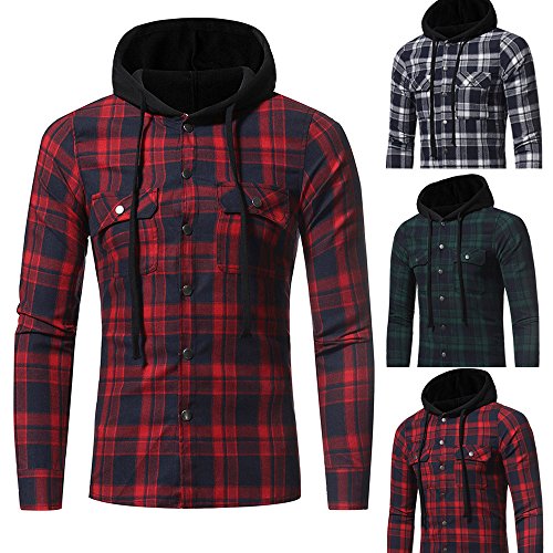 riou Botón Camisa de Manga Larga con Capucha y Cuadros de Otoño Invierno Casual Chaqueta Ropa Tops