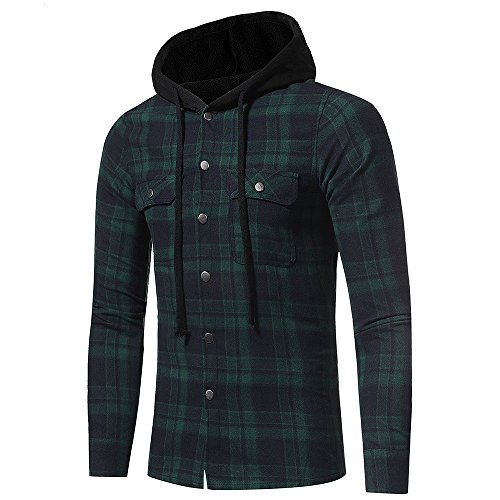 riou Botón Camisa de Manga Larga con Capucha y Cuadros de Otoño Invierno Casual Chaqueta Ropa Tops