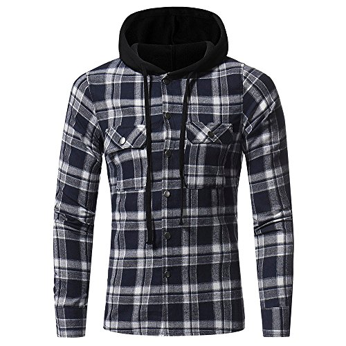riou Botón Camisa de Manga Larga con Capucha y Cuadros de Otoño Invierno Casual Chaqueta Ropa Tops