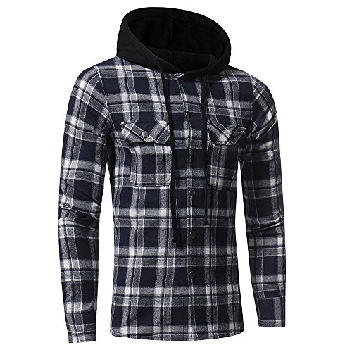 riou Botón Camisa de Manga Larga con Capucha y Cuadros de Otoño Invierno Casual Chaqueta Ropa Tops