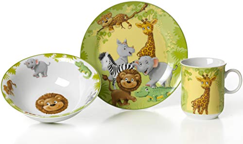 Ritzenhoff & Breker 006940 - Servicio de Mesa Infantil (3 Piezas: Plato, Cuenco y Taza), diseño de Animales de la Jungla