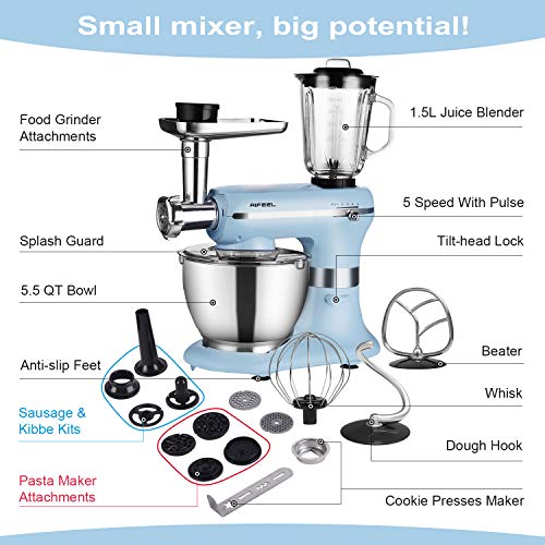 Robot de cocina – 1200 W 4 en 1 – con cuenco de 5,5 litros de calidad alimentaria, accesorios para mezclar, picadora de carne y batidora – 5 velocidades con función de impulso – azul claro