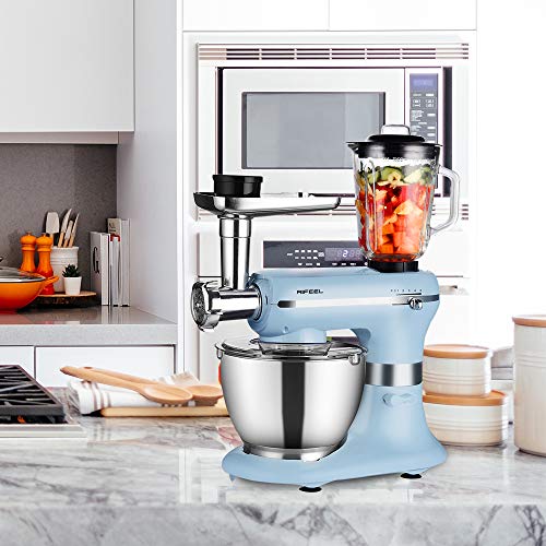 Robot de cocina – 1200 W 4 en 1 – con cuenco de 5,5 litros de calidad alimentaria, accesorios para mezclar, picadora de carne y batidora – 5 velocidades con función de impulso – azul claro