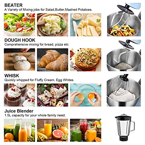 Robot de cocina – 1200 W 4 en 1 – con cuenco de 5,5 litros de calidad alimentaria, accesorios para mezclar, picadora de carne y batidora – 5 velocidades con función de impulso – azul claro