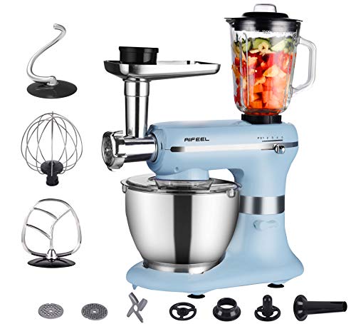 Robot de cocina – 1200 W 4 en 1 – con cuenco de 5,5 litros de calidad alimentaria, accesorios para mezclar, picadora de carne y batidora – 5 velocidades con función de impulso – azul claro
