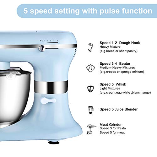 Robot de cocina – 1200 W 4 en 1 – con cuenco de 5,5 litros de calidad alimentaria, accesorios para mezclar, picadora de carne y batidora – 5 velocidades con función de impulso – azul claro