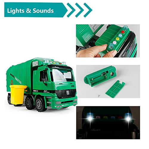 ROCK1ON Camión de Basura de Juguete Modelo para niños con Luces y Sonidos Diecast Recycling Truck City construcción vehículo con 3 Papelera Regalo de Aprendizaje temprano para niños