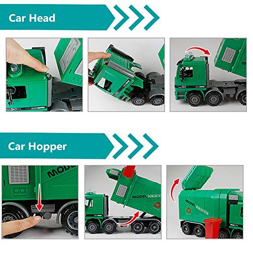 ROCK1ON Camión de Basura de Juguete Modelo para niños con Luces y Sonidos Diecast Recycling Truck City construcción vehículo con 3 Papelera Regalo de Aprendizaje temprano para niños