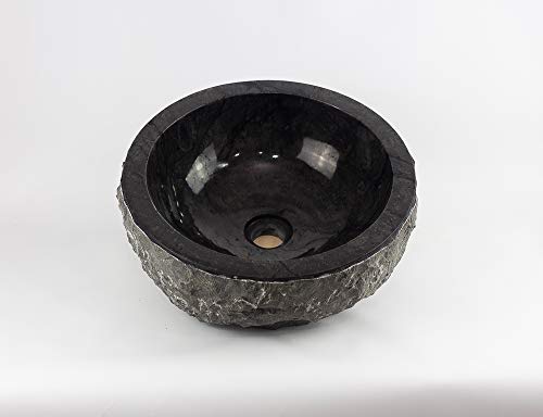 Rococo Lavabo Redondo Piedra Negra, Interior Pulido, Canto Grueso, Exterior Natural de 40cm
