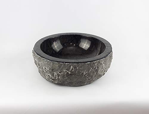 Rococo Lavabo Redondo Piedra Negra, Interior Pulido, Canto Grueso, Exterior Natural de 40cm