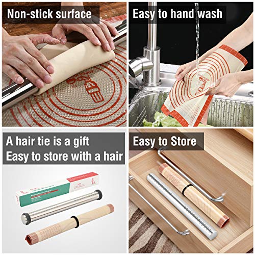 Rodillo Amasar de Acero Inoxidable de Metálicos Rolling Pins con 3 Discos Ajustables Anillo+ Tapetes de Silicona para amasar y hornear para Pastelería, Fondant, Pasta, Pizza, Torta, Galletas, Pan