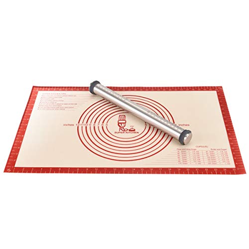 Rodillo Amasar de Acero Inoxidable de Metálicos Rolling Pins con 3 Discos Ajustables Anillo+ Tapetes de Silicona para amasar y hornear para Pastelería, Fondant, Pasta, Pizza, Torta, Galletas, Pan