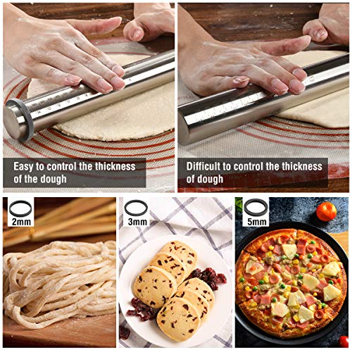 Rodillo Amasar de Acero Inoxidable, Rodillo Masa de Metálicos Rolling Pins con 3 Discos Ajustables Anillo Grosor para Fondant Pastelería, Pastas ,Pizza, panaderos