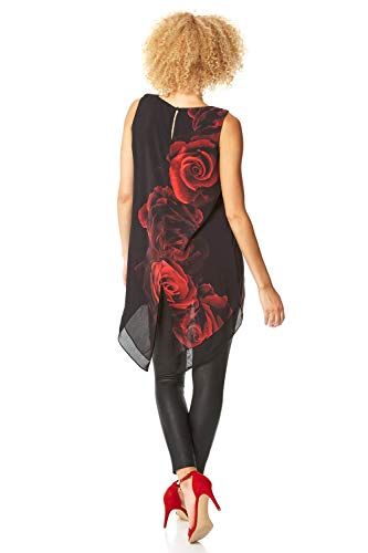 Roman Originals - Camiseta asimétrica con estampado floral para mujer, elegante, informal, de noche, con estampado de rosas, de gasa, sin mangas, cuello redondo