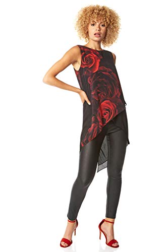Roman Originals - Camiseta asimétrica con estampado floral para mujer, elegante, informal, de noche, con estampado de rosas, de gasa, sin mangas, cuello redondo