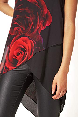 Roman Originals - Camiseta asimétrica con estampado floral para mujer, elegante, informal, de noche, con estampado de rosas, de gasa, sin mangas, cuello redondo