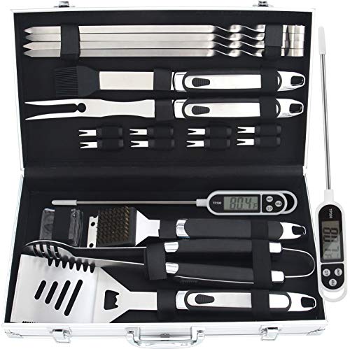 Romanticist 20 Piezas Utensilios para Barbacoa para Hombres con Paquete de Caja de Regalo, Accesorios Profesionales para Cubiertos de Barbacoa de Acero Inoxidable en Caja de Aluminio