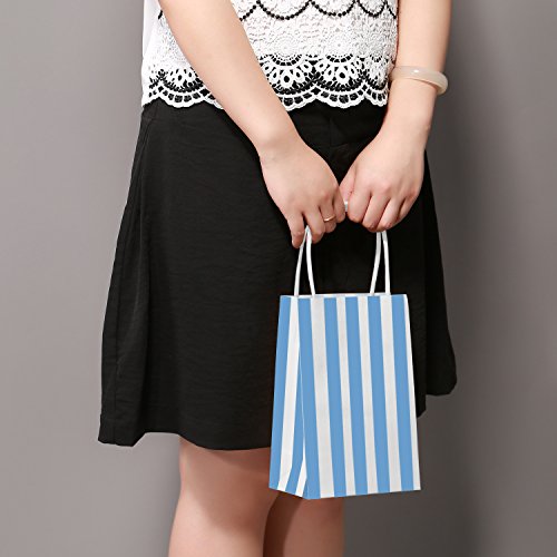 Ronvir Bolsas Papel Kraft,25 Pcs Papel Kraft Bolsas de Regalo con Mango, Raya Blanca Azul Bolsas de Papel Respetuosas del Medio Ambiente Bolsas Regalo - 14cm x 8cm x 21cm