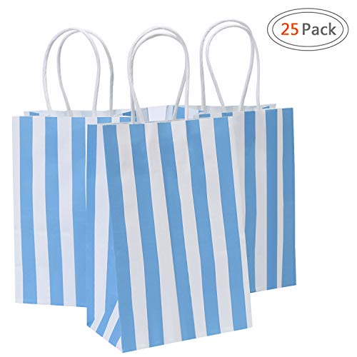 Ronvir Bolsas Papel Kraft,25 Pcs Papel Kraft Bolsas de Regalo con Mango, Raya Blanca Azul Bolsas de Papel Respetuosas del Medio Ambiente Bolsas Regalo - 14cm x 8cm x 21cm