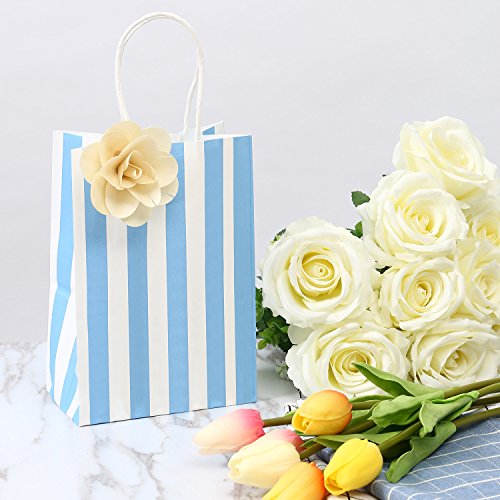 Ronvir Bolsas Papel Kraft,25 Pcs Papel Kraft Bolsas de Regalo con Mango, Raya Blanca Azul Bolsas de Papel Respetuosas del Medio Ambiente Bolsas Regalo - 14cm x 8cm x 21cm