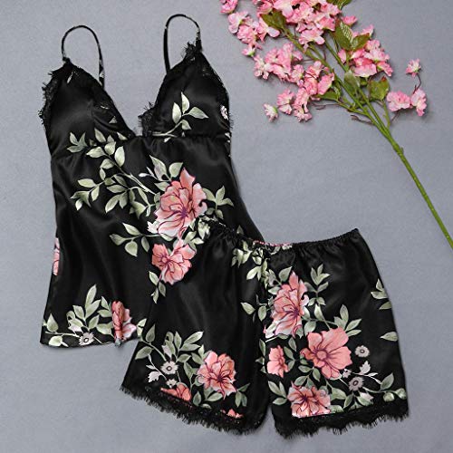 Ropa de Dormir para Mujeres,SHOBDW Regalo de día de San Valentín Ropa Interior Camisola Tops Pantalones Cortos Flor de Encaje Lencería Tentación Mono Ropa de Dormir 2PCS(Negro,L)
