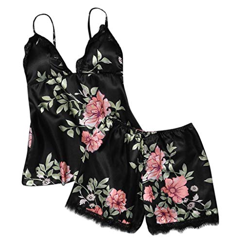 Ropa de Dormir para Mujeres,SHOBDW Regalo de día de San Valentín Ropa Interior Camisola Tops Pantalones Cortos Flor de Encaje Lencería Tentación Mono Ropa de Dormir 2PCS(Negro,L)