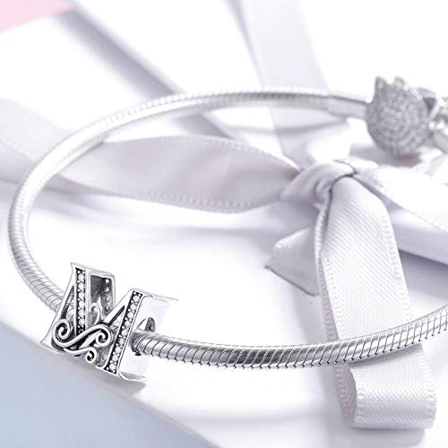 ROPHYNA Plata de Ley 925 Letra M Alfabeto Abalorios Encantos Fit Charm Pulseras Brazaletes DIY Accesorios Joyería