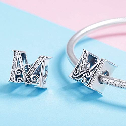 ROPHYNA Plata de Ley 925 Letra M Alfabeto Abalorios Encantos Fit Charm Pulseras Brazaletes DIY Accesorios Joyería