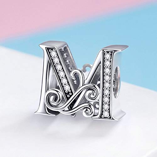 ROPHYNA Plata de Ley 925 Letra M Alfabeto Abalorios Encantos Fit Charm Pulseras Brazaletes DIY Accesorios Joyería